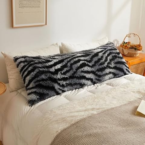 XeGe 20x54 Fluffy Body Pillow Cover, Zebra Print Plush Fuzzy Faux Fur Body Pillowcase with Zipper, Farmhouse Shaggy Furry Long Pillow Cover for Pregnant Women Side Sleeper, Zebra Print Grey Cover