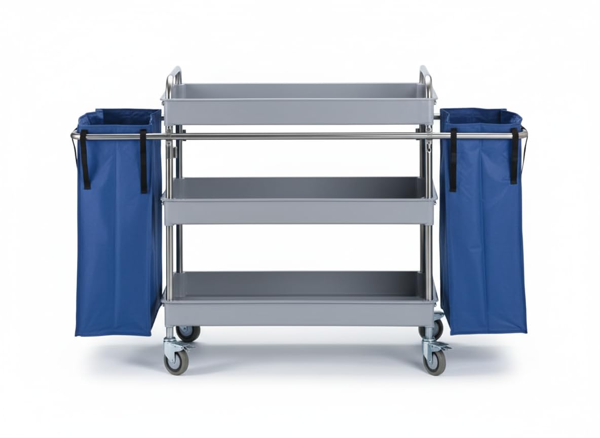 Jofel - AL50150, Carro Camarera Metálico, 3 Bandejas Grandes Y 2 Bolsas Laterales, Totalmente Desmontable, Para Horeca, Hoteles, Geriátricos, Residencias, Hospitales, Clínicas