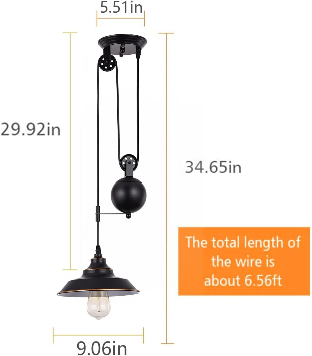 Ganeed Pulley Pendant Light,Adjustable Height Industrial Pulley Lighting,Rustic Ceiling Hanging Light Edison Island Lamp for Farmhouse Dinner Room Kitchen Hallway,Black,E26 Bulb Socket