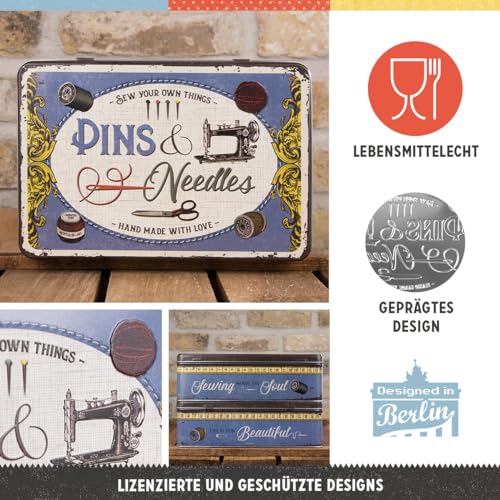 Nostalgic-Art Retro Vorratsdose Flach, 2,5 l, Pins & Needles Sewing Box – Geschenk-Idee für Dein Zuhause, Blech-Dose mit Deckel, Vintage Design, zur Nähen-Aufbewahrung, Nähen-Deko