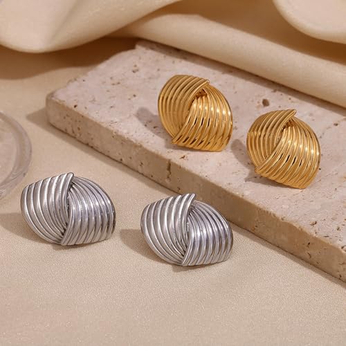 Boucles d'oreilles géométriques acier et titane rayures design rétro minimaliste - 3