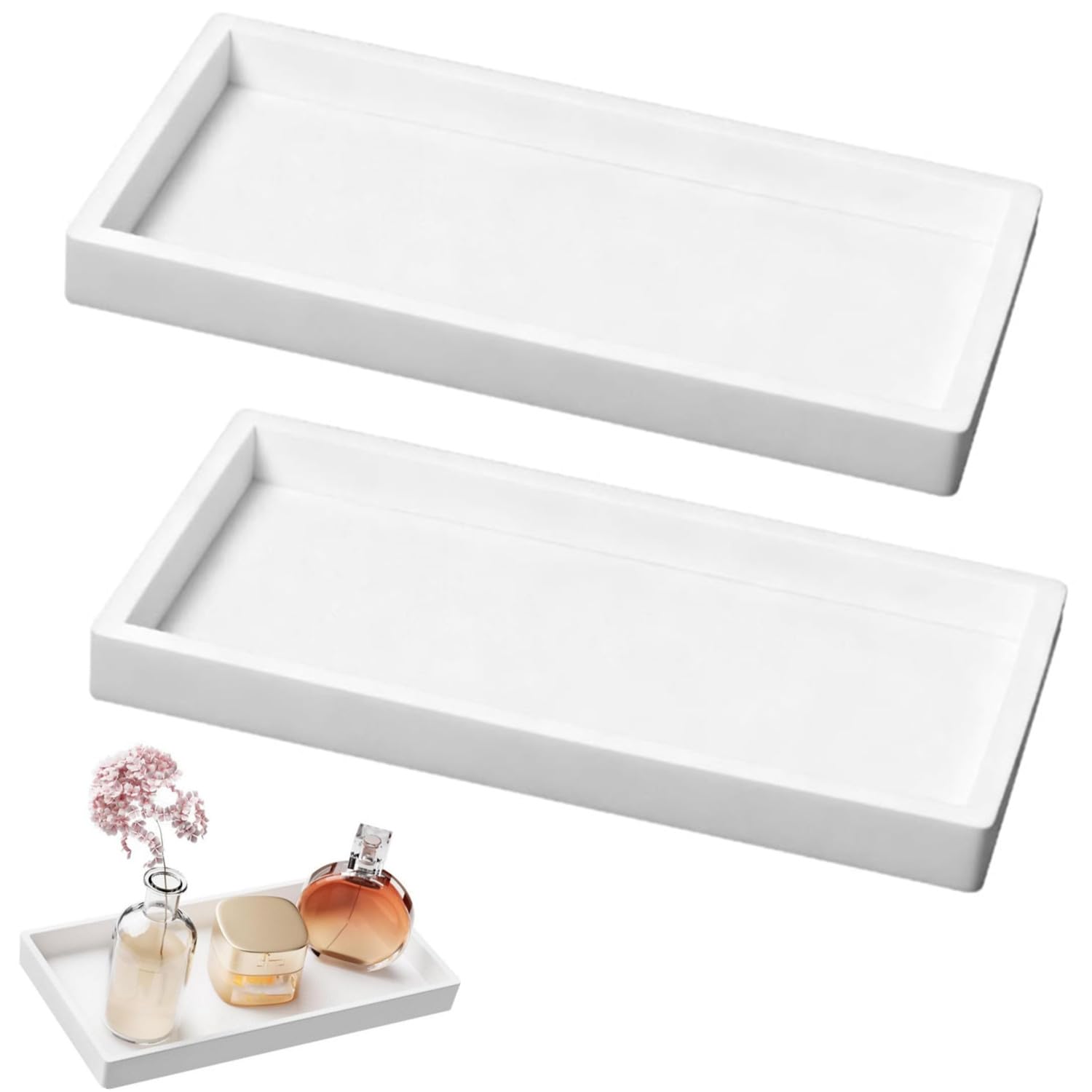 ZHAOYCSH 2 Pack White Bathroom Vanity Tray Set & Toilet Tank Storage Organiser - Decorative Countertop Tray for Jewellery, Rings, Soap, Candles, Cosmetics.Sink, Dresser Top Rectangular Plate Holder