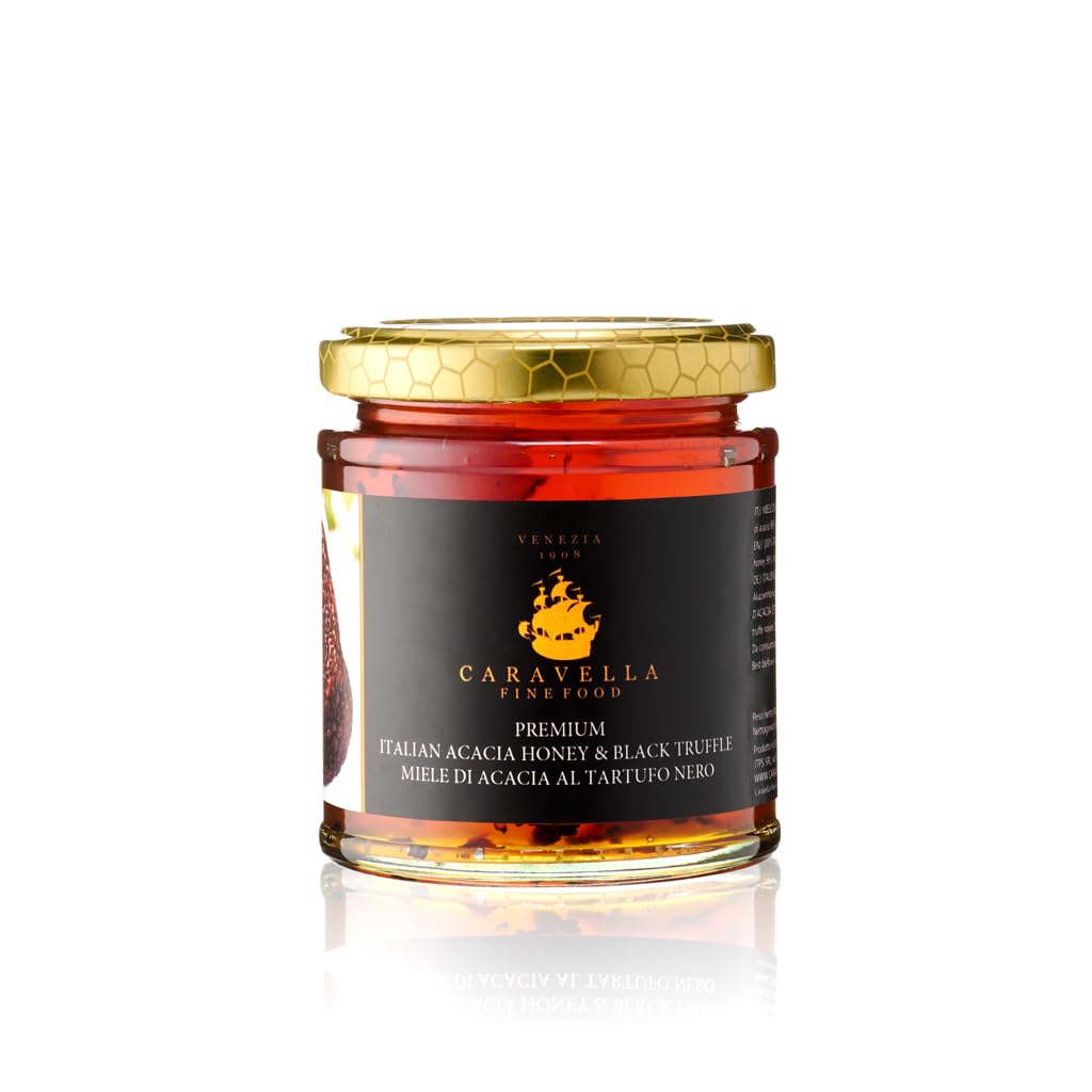 Caravella Fine Food - Pack x 4 Miel de Acacia con Chili 250 gr, Miel de Acacia con Trufa Negra 250 gr, Miel de Acacia con Menta 250 gr, Miel de Acacia con Regaliz 250 gr - Miel 100% Italiana