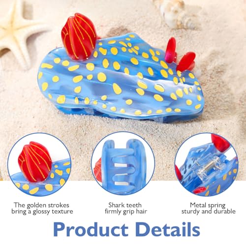 Ocean-Themed Hair Claw Clip – Blue & Red Sea Slug Design, 3.54 Inch, Shark Teeth Grip, Glossy Gold Accents – Durable Spring Clip Gift for Women & Girls