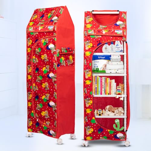 Image of Bumtum Baby Wardrobe Multipurpose 6 Shelve |Foldable Almirah| Baby Wardrobe for Clothes Storage | Baby Wardrobe Cover | Baby Almirah with Wheels (Red)