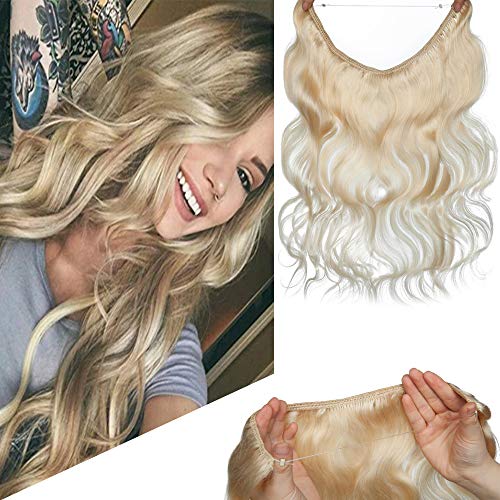 Hidden Wire Hair Extension Thin 100% Human Hair 18 Inch Wavy Invisible Secret Wire Fish Line Hairpieces No Clips No Glue For Women Beauty 65G #60 Platinum Blonde #TOP19