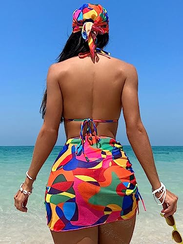 WDIRARA Women's 4 Piece Color Block Swimsuits Triangle Halter Sexy Bikini Sets with Bandana Mesh Cover Up Beach Skirt2