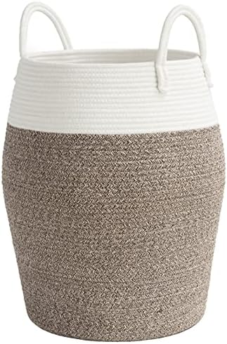 Goodpick Laundry Hamper | Woven Cotton Rope Dirty Clothes Hamper Tall kids Curve Laundry Basket Large, (White & Brown 20.8 x 12.6 Inch)