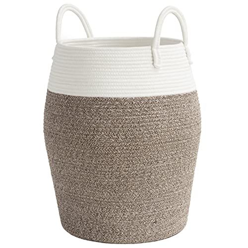 Goodpick Laundry Hamper | Woven Cotton Rope Dirty Clothes Hamper Tall Kids Curve Laundry Basket Large, (White & Brown 20.8 X 12.6 Inch) #TOP30