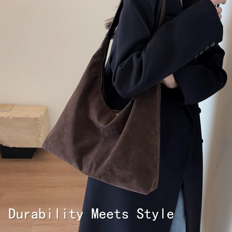 Women's Faux Suede Handbags, Large Capacity Casual Hobo Shoulder Bag, Vintage Slouchy Tote Bags for Travel Office Work3