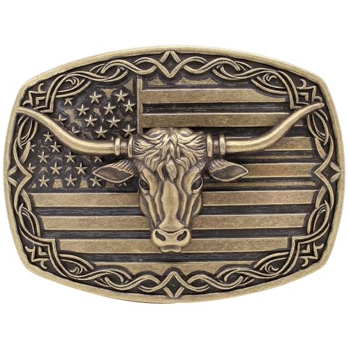 Image of HUABOLA CALYN Long Horn Bull Belt Buckles for Men Women American Flag Texas Star Belt Buckles