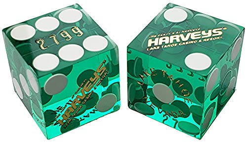 Matching 19mm Craps Dice Pair - Authentic Nevada Casino Table-Played Dice - Lake Tahoe Harvey's (Green Polished)