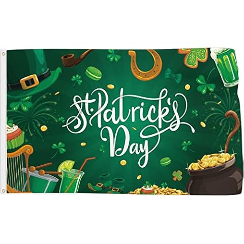 Probsin St Patricks Day Flags 3x5 Ft Double Printed Shamrocks Hat Gold Coins Backdrop Irish Holiday Decorations Ireland Party Supplies Wall Decor for Outdoor Indoor Garden Home House Garage Gift Cover