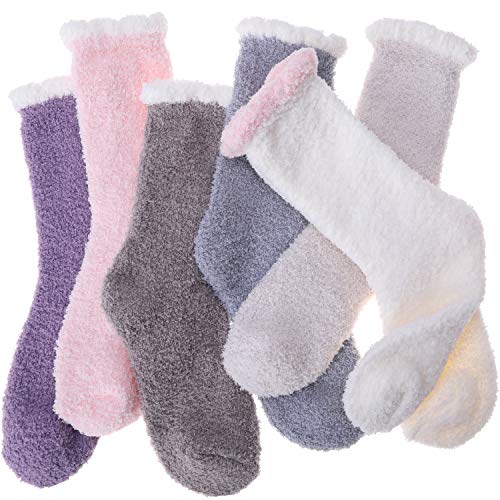 Womens Girls Fuzzy Slipper Socks Soft Fluffy Cabin Fleece Warm Plush Cozy Winter Sleep Stocking Stuffers Adult Christmas Socks?Solid Color B?6 Pairs??