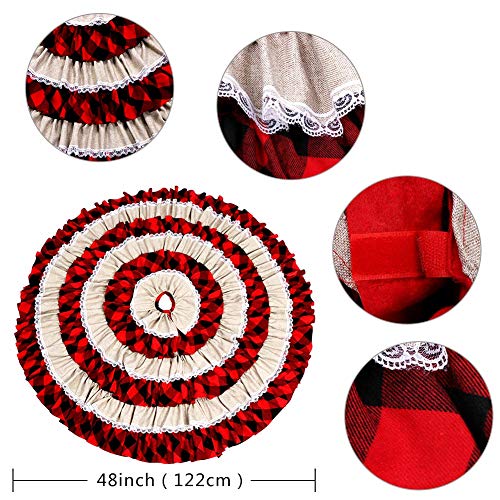 AerWo Buffalo Plaid Christmas Tree Skirt 48 inches, 6 Layers Ruffled Red and Black Buffalo Check Christmas Tree Skirt Burlap Xmas Tree Skirt for Holiday Christmas Decorations