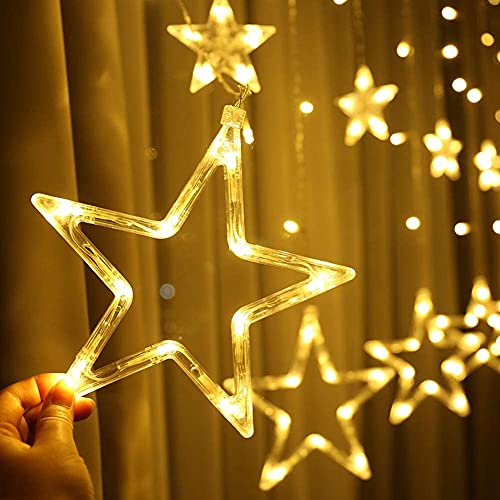Image of 12 Stars LED Diwali Lights Curtain String Lights Window Curtain Led Lights for Decoration with 8 Flashing for Christmas, Wedding, Party, Home, Patio Lawn (Warm White)