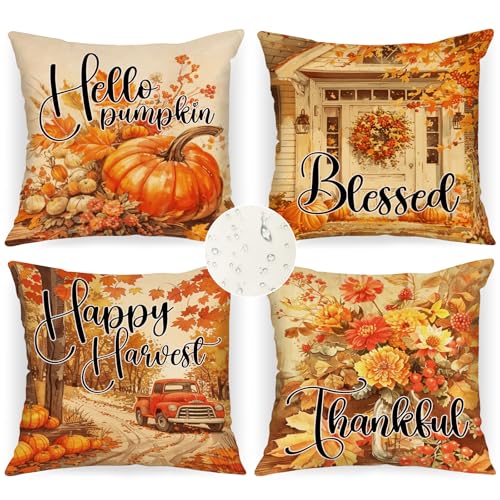 Benjia Outdoor Fall Throw Pillow Covers 18x18 Set of 4, Decorative Waterproof Oxford Colorful Autumn 18 x 18 inch Holiday Cushion Cases Home Outside Porch Decor Decoration (Style 04)
