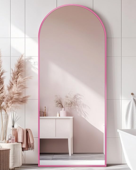 Full Length Mirror, 58"x19" Arch Floor Mirror, Floor Standing Mirror Freestanding Arch Full Body Mirrors with Stand for Bedroom, Hanging Mounted Mirrors for Living Room Cloakroom, Pink
