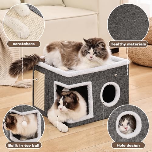 Crispedia Cat Beds for Indoor Cats, Large Cat Cave with Fluffy Ball and Scratch Pad, Foldable Cat Scratch House with Hideaway Condo for Kitten,16x16x13inch,Grey