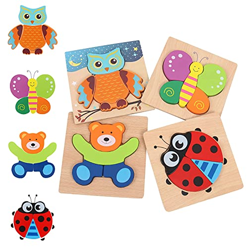 AOLIGE 4Pcs Wooden Jigsaw Puzzles Animal Educational Toys for Toddlers Kids Montessori Toys for 1 2 3 Year Old Boys Girls Pegged Puzzles 1 2 3 Years Old
