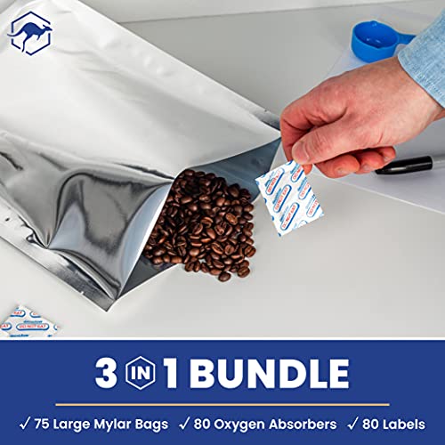 75X Wallaby 1-Gallon Mylar Bag Bundle - (5 Mil - 10" X 14") Mylar Bags, 80X 400Cc Oxygen Absorbers, 80X Labels - Heat Sealable, Food Safe, & Reliable Long Term-Food Storage Solutions - Silver #TOP2
