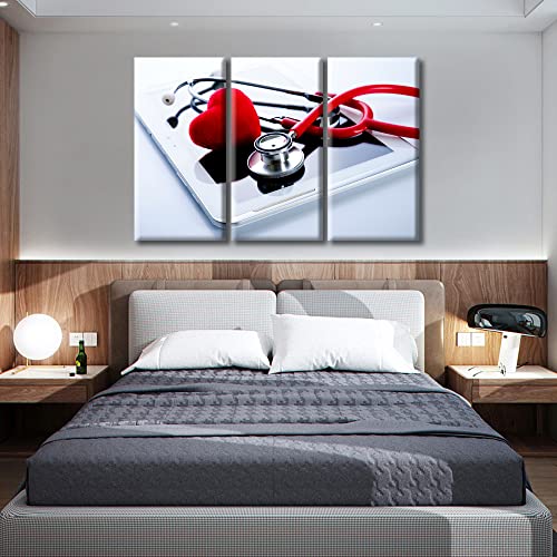 Image of TUMOVO 3 Panel Red Heart Stethoscope Poster Canvas Wall Art Tablet PC Health Medical Technology Concepts Posters and Prints Bathroom Decor Wall Art Print on Canvas Framed Ready to Hang, 60 inch Wx40 H