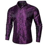 DiBanGu Mens Silk Paisley Dress Shirts,Long Sleeve Button Down Shirt Casual Regular Fit Shirt for Men Wedding Party, Purple and Black, XX-Large