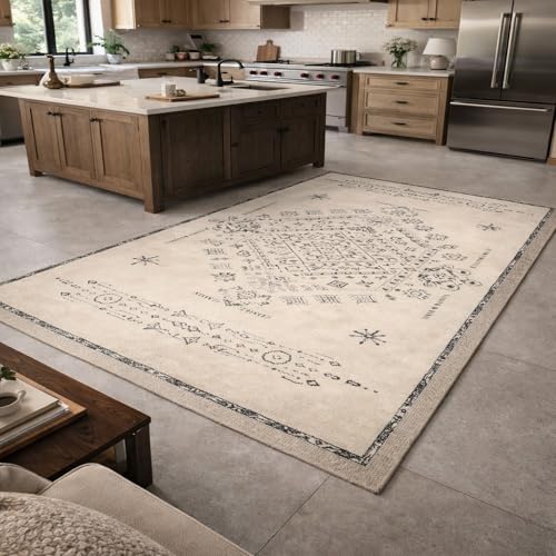 Tapis géométrique vintage beige noir rectangulaire rétro chic - 2
