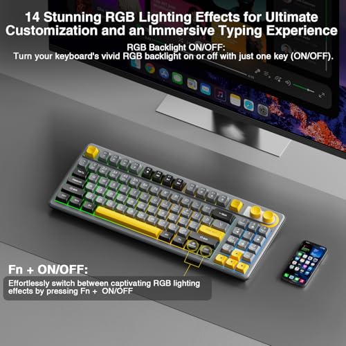 Image of SOLAKAKA SK90 75% Wireless Gaming Keyboard - 4000mAh Tri-Mode (BT5.0 /2.4G /USB-C) Cute Creamy Gaming Keyboard with Number Pad, Media Knob, RGB Backlit, Quiet Keys Silent Office Keyboards for PC MAC