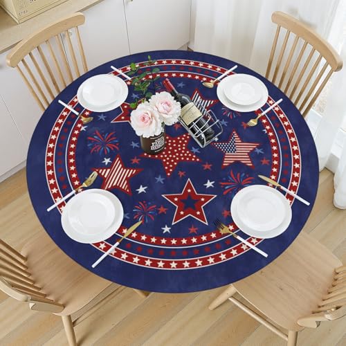 4th of July Round Tablecloth 40-44 inch, Patriotic Independence Day Fitted Table Cloth Elastic Edge, American Flag Stars Memorial Day Table Cover Waterproof Washable, Picnic Camping Dining Party Decor by Roverantic - Used condition - Image 2