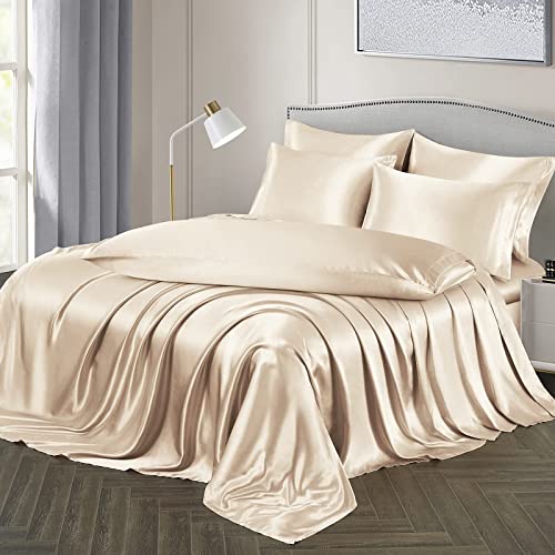 Image of Ersmak 7 Pieces Satin Sheets Set California King Size, Luxury Silky Beige Satin Bed Sheets Set with 1 Deep Pocket Fitted Sheet, 1 Soft Flat Sheet, 4 King Pillowcases and 1 Body Pillowcase