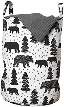 Lunarable Forest Laundry Bag, Doodle Woodland Grizzly Bears Pine Trees Winter Foliage Scandinavian, Hamper Basket with Handles Drawstring Closure for Laundromats, 13" x 19", Grey Charcoal