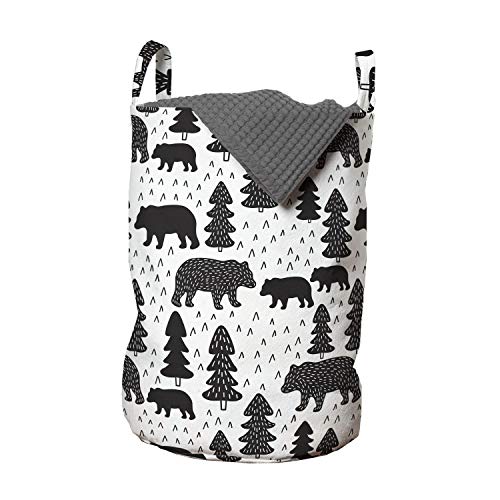 Image of Lunarable Forest Laundry Bag, Doodle Woodland Grizzly Bears Pine Trees Winter Foliage Scandinavian, Hamper Basket with Handles Drawstring Closure for Laundromats, 13" x 19", Grey Charcoal