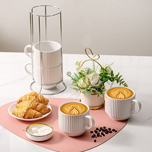 Hasense Ceramic Coffee Mugs Set Of 4 With Rack - 15 Oz Stackable Large Porcelain Ribbed Latte Cup Set For Cappuccino, Tea, Hot Cocoa, Drinks - Dishwasher & Microwave Safe, White #TOP4