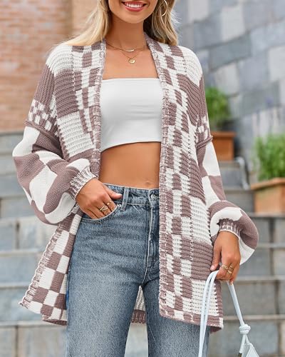 Image of BTFBM Casual Cardigan Sweater for Women Fall 2026 Long Sleeve Open Front Chunky Knit Sweaters Checkered Outwear Coat