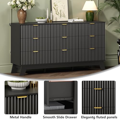 Image of Wodeer 9 Drawer Fluted Dresser for Bedroom, Mid Century Modern Dresser with 9 Drawers, Dressers & Chests of Drawers with Metal Handle, TV Stand & Storage Organizer for Entryway, Hallway, Black
