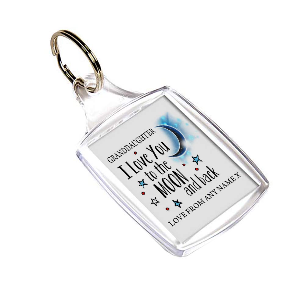 Giftme Personalised Mothers Day Granddaughter I love You To The Moon And Back Key Ring Keychain MDF Key ring Keepsake, Family, Sentimental present Birthday Present. (A5 Keyring)
