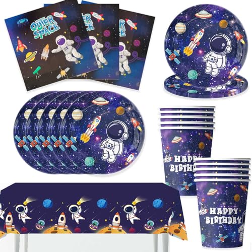 Juego de platos para fiestas de cumpleaños infantiles, cohete, astronautas, platos, vasos, servilletas, decoración espacial, platos de papel, vajilla de cumpleaños infantil, 10 invitados