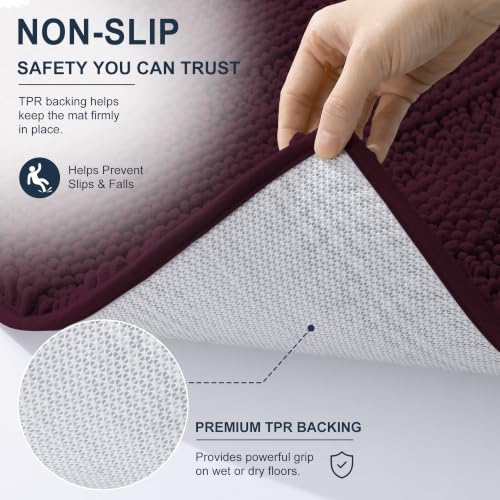 Image of Smiry Thick Chenille Bathroom Runner Rugs 44x24, Extra Absorbent Striped Bath Mat, Machine Washable, Rubber Backing, Long Bath Rugs for Bathroom, Tub & Shower, Home Decor Accessories, Black Cherry