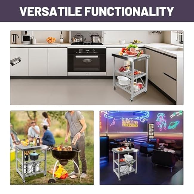 Folding Outdoor Grill Cart, 3 Tier Rolling Cart On Wheels, 300LBS Load Capacity Utility Cart Camp Kitchen Cart with Stainless Steel Table, 25.75 W x 20 D x 36 H, Service Trolley for Food Prepping-aohsPSXj
