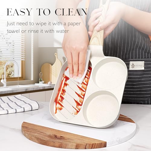 Image of GiPP Ceramic Non Stick Egg Pan, 3-In-1 Divided Breakfast Omelette Frying Pan, 7.9 inch with Heat-Resistant Handle, Compatible with All Stove Tops, PFOA /POFS /PTFE Free, White