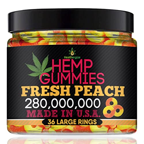 Healthergize Hemp Gummies-Premium Peach Rings-Made In USA-Fresh And Full Flavor-Natural Hemp Candy-Great for Back, Neck, Knees, Muscles, Joints, Calm, Relax, Discomfort-36 Large Rings