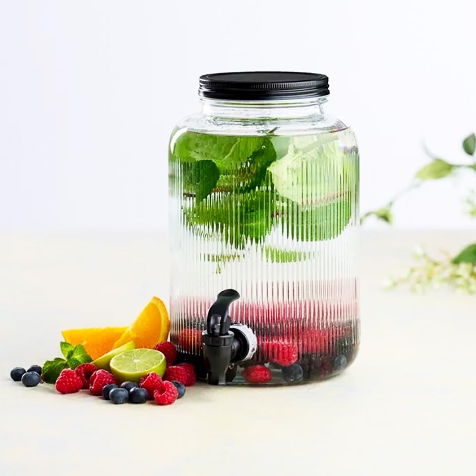 Image of Bellemax 5.5 LTR Glass Beverage Dispenser with Black Tap, Drink Dispensers for Beer, Water, Cocktails, Detox Drinks & More Perfect for Parties,Bars,Restaurants,Weddings Decoration,Daily Uses(BX-04)