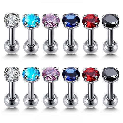 PiercingJ Stud Earrings Set Cubic Zirconia Barbell Earring Tragus Cartilage Helix Earring Ear Studs for Women, 6mm Bar, 16G, 8-12pcs