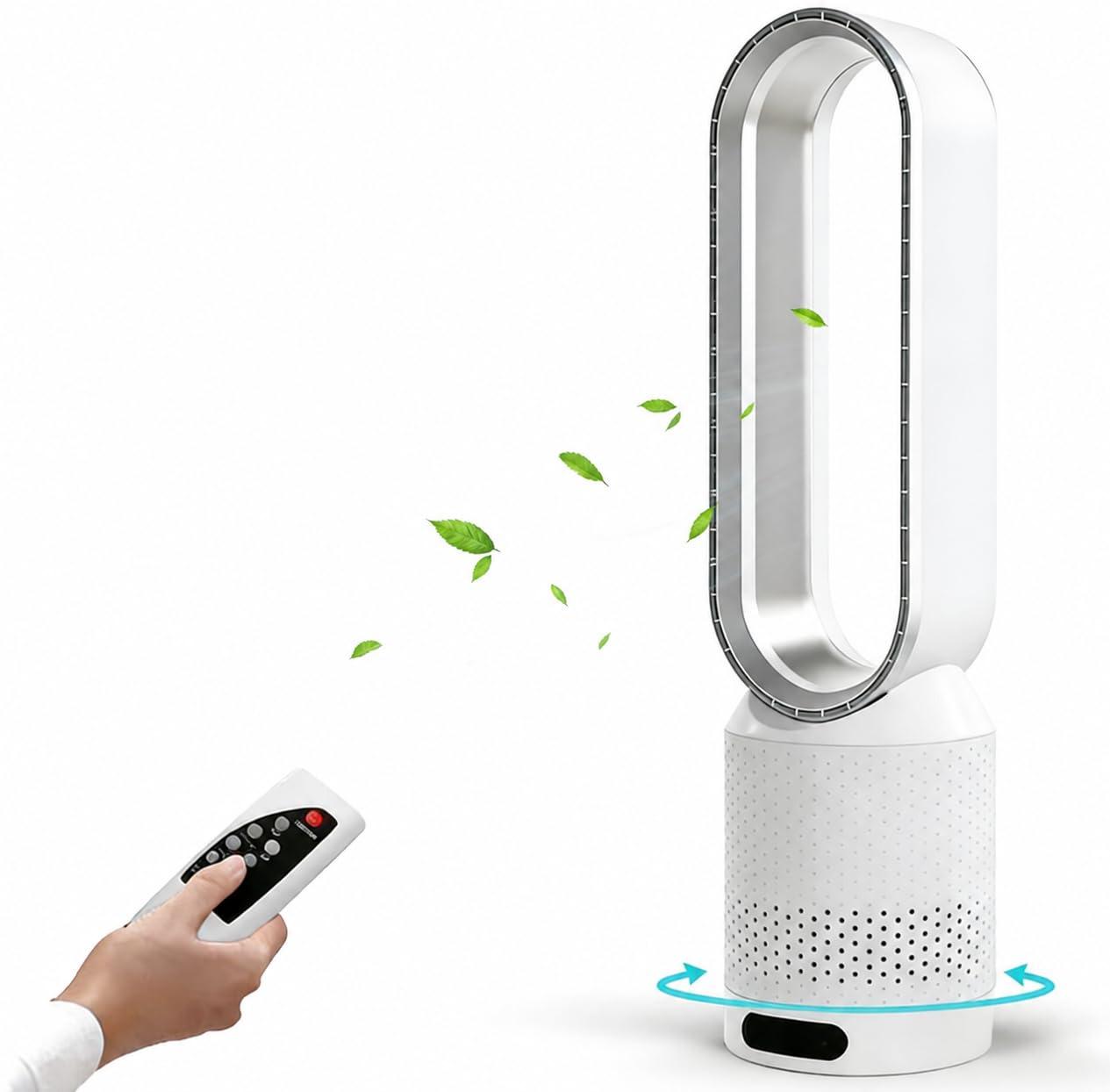 Ventilatore a torre silenzioso, ventilatore senza pale, funzione timer, 8 velocità e oscillazione di 90°, schermo touch LED e telecomando, ioni negativi purificanti, 14,5×58 cm (Bianco)