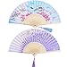 2 Stücke Folding Fans Hand Fans Bambus Fans mit Quaste Frauen Ausgehöhlten Bambus Hand Halten Fans für Wanddekoration, Geschenke (Blau Peach Blossom und Lila Kirsche Muster)