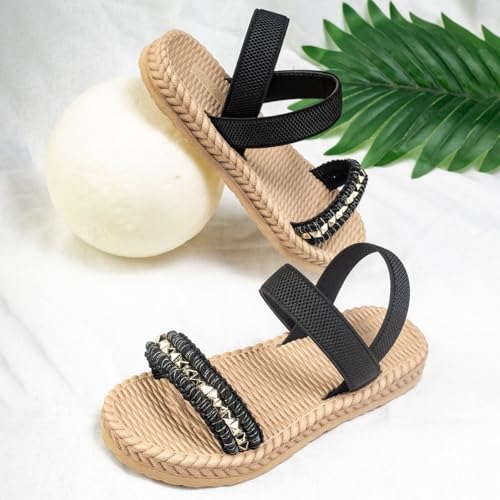 Girls Summer Linen Sandals Straw Weaving Rivet Beach Slides with Back Strap3