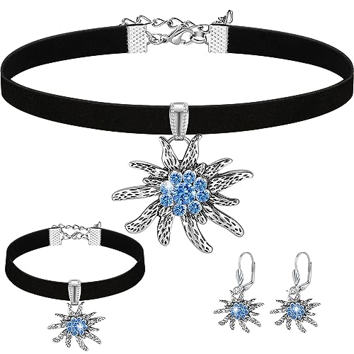 Henoyso 3 Pcs Oktoberfest Jewelry Set for Women, Adjustable Bavarian Choker Necklace Bracelet German Rhinestone Earrings