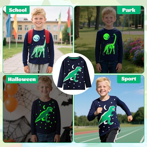 FILOWA Camiseta Niños Manga Largas Algodón T-Shirt Cuello Redondo Azul Marino tee Elástica Cómoda Luminoso Dinosaurio Brachiosaurus Estampado Top Primavera Otoño Invierno Ropa para Infantil 3-4 años
