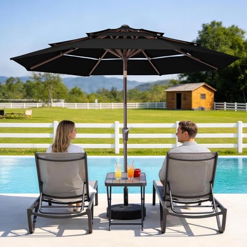 Image of JEAREY 9FT 3 Tier Patio Umbrella Outdoor Market Umbrella Table Umbrellas with 8 Ribs 1.5 Pole Push Button Tilt and Crank UV Protection for Garden,Black